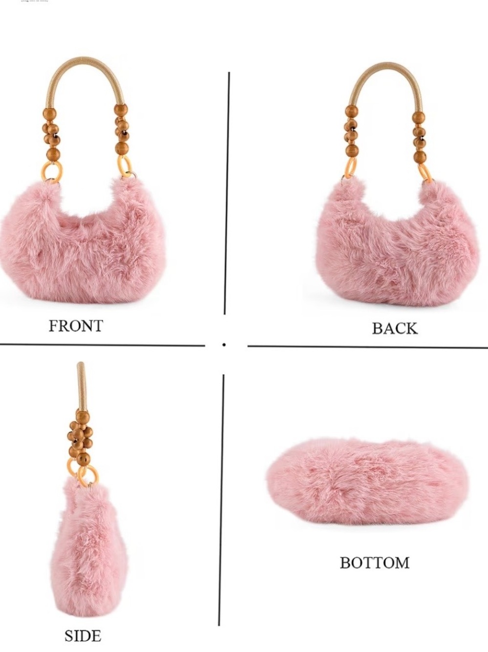 Pink Faux Fur Bag with Wooden Bead Handle NWT - Picture 2 of 7